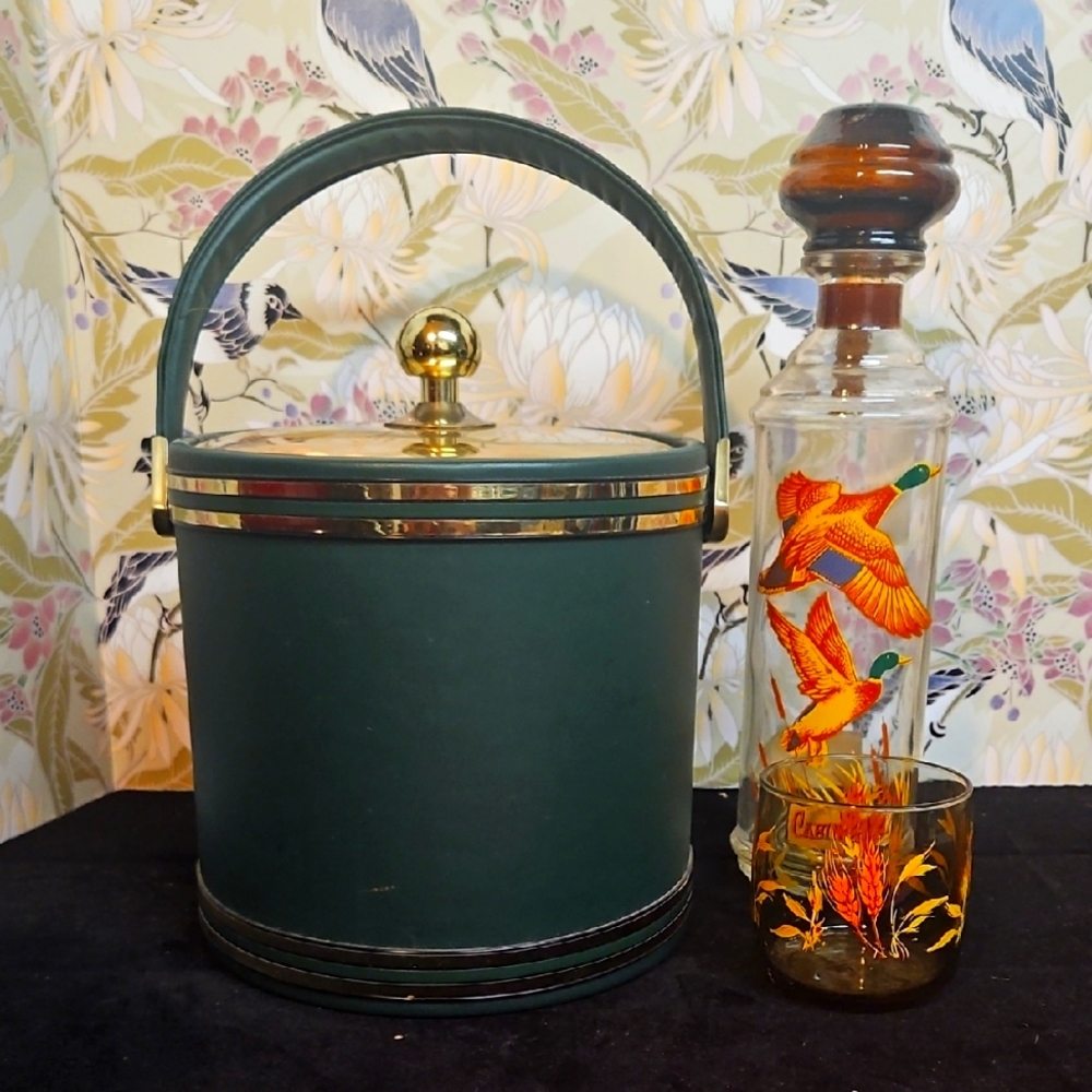 Vintage Green Faux Leather Ice Bucket with Gold Accents